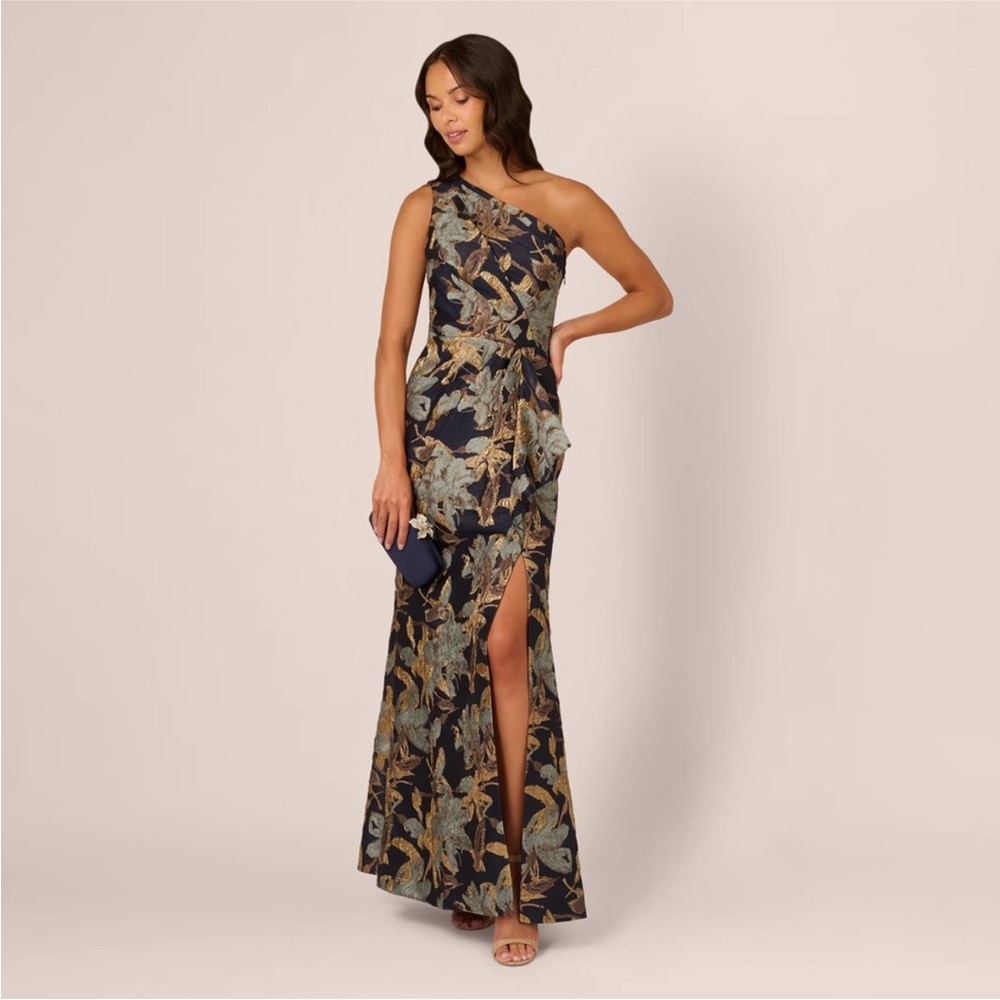 One Shoulder Jacquard Dress In Blue Gold